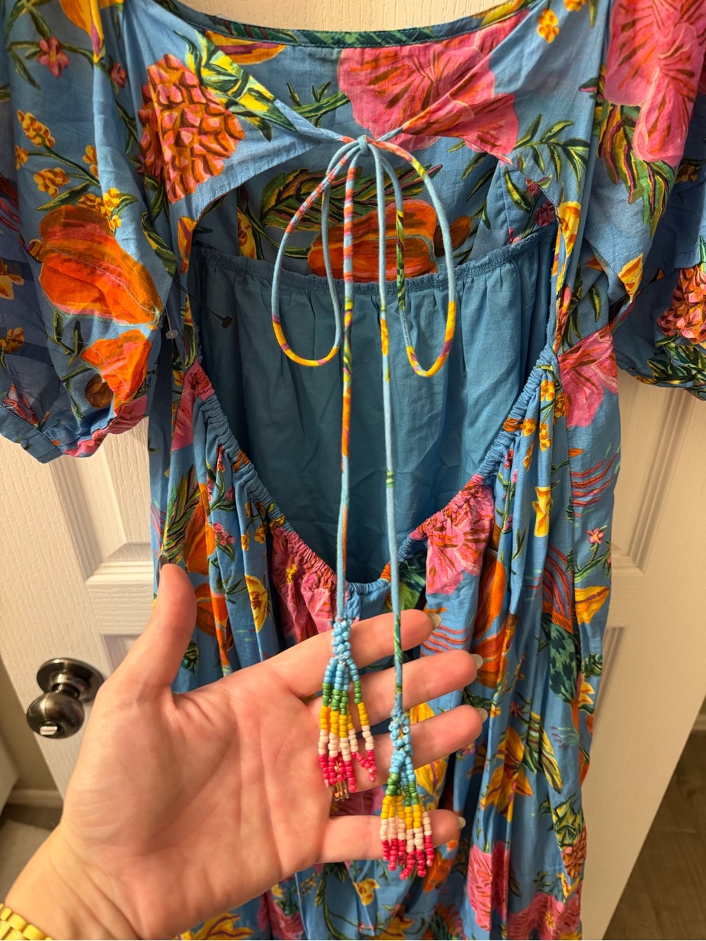 FARM Rio Blue Floral Puff-Sleeve Maxi Dress with Pink & Yellow Blooms - Picture 3 of 4